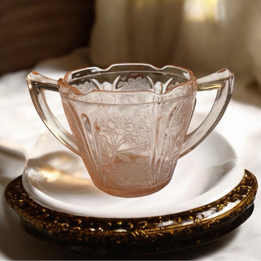 Vintage 1930s Jeannette Pink Depression Glass Cherry Blossom Open Sugar Bowl